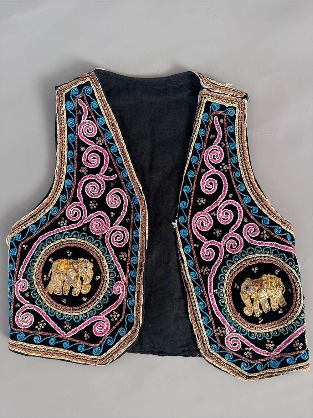 Vintage Black Embroidered Elephant Vest with Pink & Blue Accents